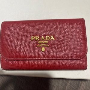 Prada red saffiano leather keychain wallet